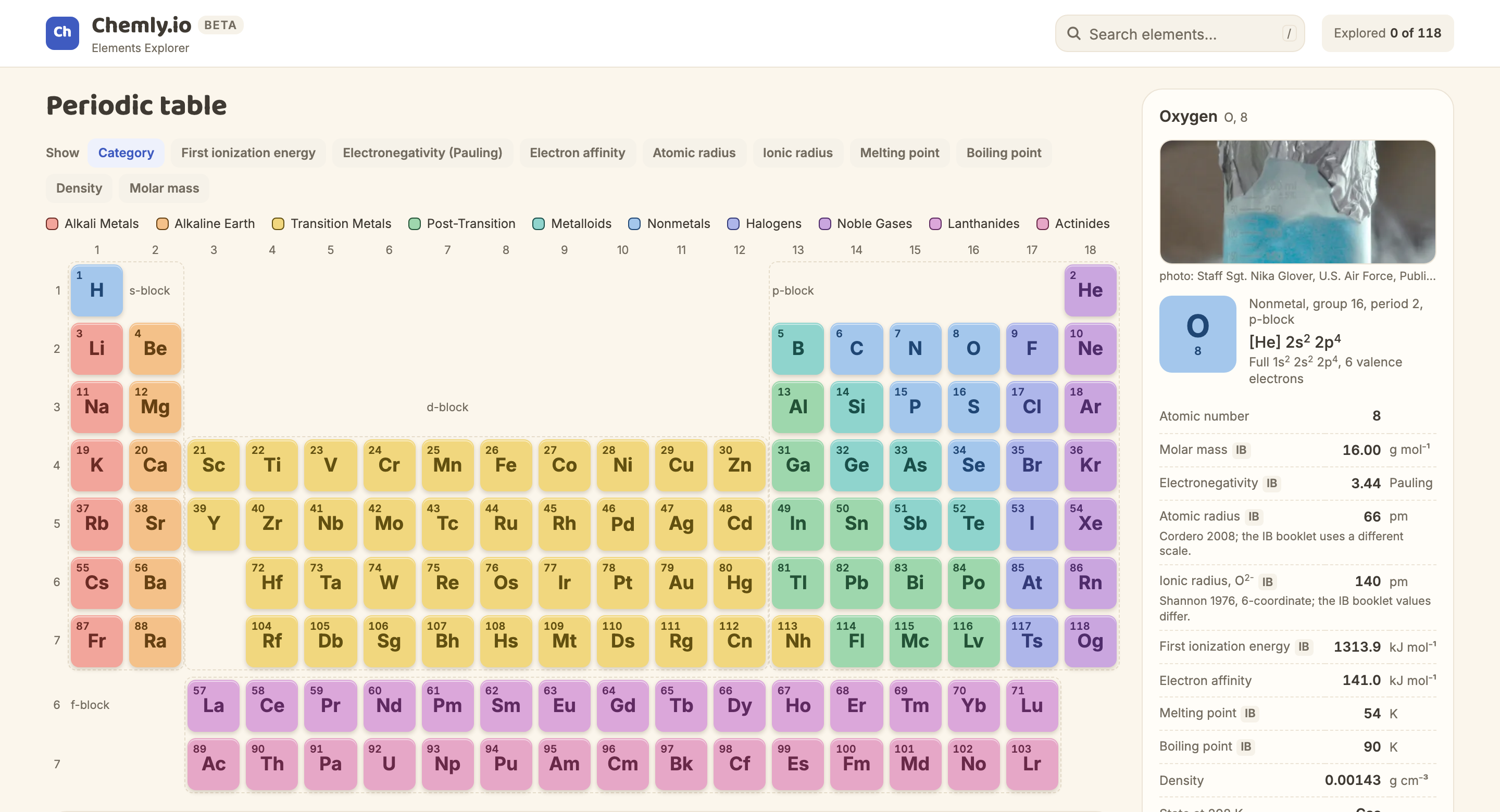 Chemly’s redesigned periodic table, with pastel element tiles, property filters, and an Oxygen detail panel