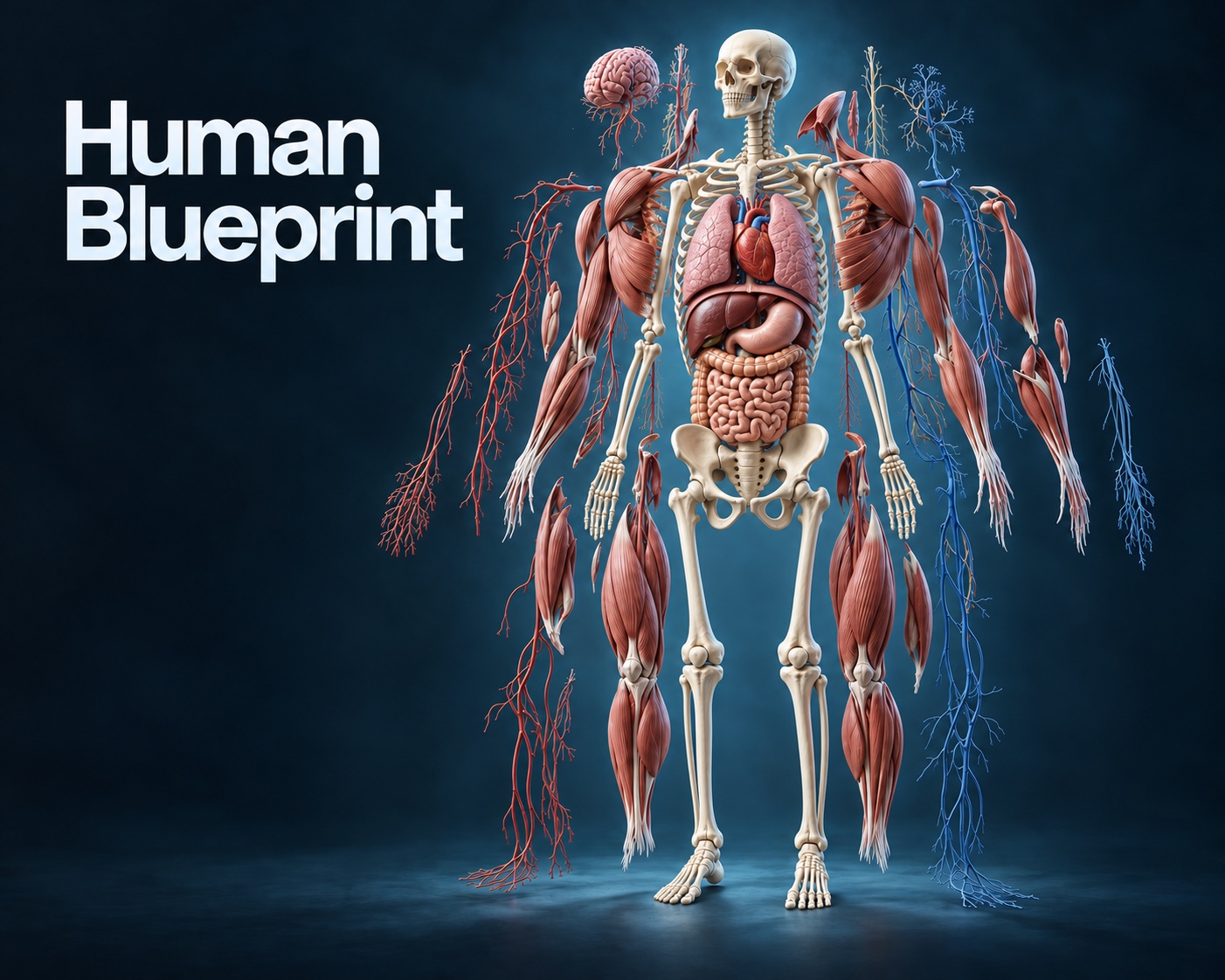 Human Blueprint — an exploded anatomical illustration with a central skeleton, organs, muscles and blood vessels against cinematic blue lighting