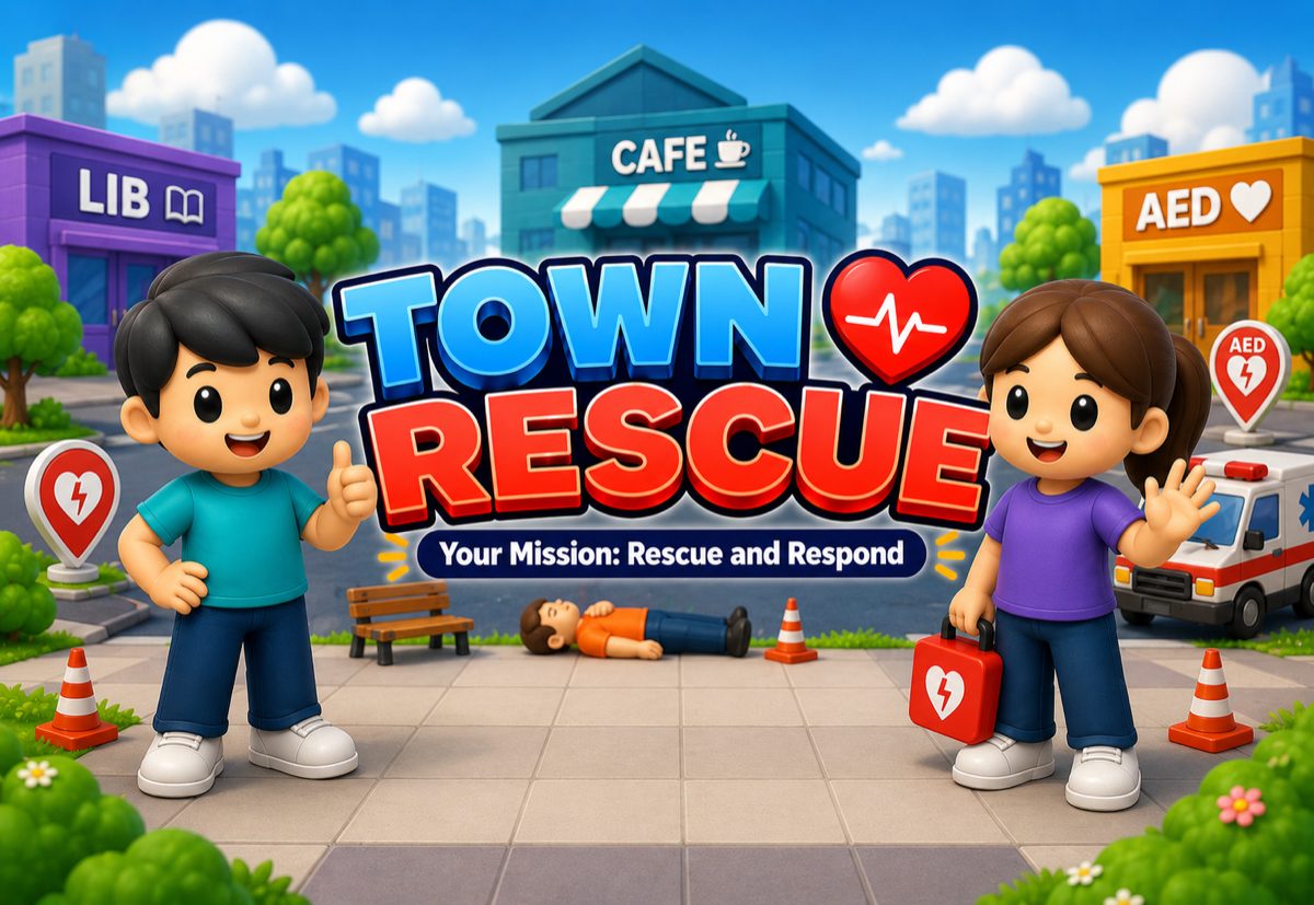 Town Rescue’s official cover, showing its two student rescuers, a town scene and an AED